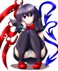  absurdres ahoge asymmetrical_wings black_dress black_hair black_thighhighs blue_wings bow bowtie breasts cameltoe commentary_request dress female frills hand_on_own_cheek hand_on_own_face highres houjuu_nue long_hair looking_at_viewer medium_breasts panties pantyshot red_bow red_bowtie red_eyes red_footwear red_wings sitting smile snake solo sotomichi thighhighs touhou underwear white_panties wings 