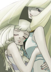  2girls alternate_eye_color aqua_eyes bad_id bad_pixiv_id bare_arms blonde_hair braid closed_eyes closed_mouth collared_dress commentary_request diamond_(shape) dress empty_eyes fingernails gem hair_over_one_eye hug lillie_(pokemon) lips long_hair lusamine_(pokemon) mother_and_daughter multiple_girls pokemon pokemon_sm sleeveless sleeveless_dress sundress torimeiro twin_braids white_dress 