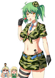  3girls ^_^ alternate_costume alternate_hairstyle black_gloves blue_necktie blush breasts camouflage camouflage_pants camouflage_shirt candy chibi cleavage closed_eyes commentary_request cowboy_shot crop_top crop_top_overhang detached_collar food front-tie_top garrison_cap gloves green_hair hair_ribbon hat hikage_(senran_kagura) holster jacket katsuragi_(senran_kagura) large_breasts lollipop looking_at_viewer mask military military_uniform multiple_girls naginoya navel necktie open_clothes open_shirt orange_eyes pants ribbon senran_kagura senran_kagura_shoujo-tachi_no_shin&#039;ei shirt short_sleeves slit_pupils smile stomach sunglasses tattoo thigh_holster tied_shirt tongue tongue_out track_jacket twintails underboob uniform yomi_(senran_kagura) 