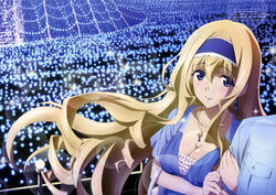  1boy absurdres bag blonde_hair blue_background blue_eyes blue_hairband blue_shirt blush breasts casual cecilia_alcott cleavage drill_hair earrings female hairband headband highres holding_another&#039;s_arm imageboard_desourced infinite_stratos jewelry kondou_natsuko lolita_hairband long_hair looking_at_viewer medium_breasts necklace non-web_source official_art out_of_frame parted_lips shirt short_sleeves smile solo_focus sparkle very_long_hair 