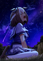  animal_ears blue_ribbon blue_shirt blush bow bowtie braid breasts brown_footwear brown_hair closed_eyes commentary crying dated ear_ribbon female from_side full_body gashitani grass highres horse_ears horse_girl horse_tail medium_breasts miniskirt multicolored_hair night night_sky open_mouth outdoors over-kneehighs pleated_skirt puffy_short_sleeves puffy_sleeves purple_shirt ribbon sailor_collar sailor_shirt school_uniform shirt shoes short_hair short_sleeves signature sitting skirt sky solo special_week_(umamusume) streaked_hair summer_uniform symbol-only_commentary tail teeth thighhighs tracen_school_uniform tree_stump umamusume wariza white_hair white_skirt white_thighhighs 