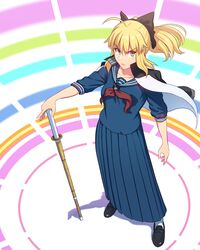  &gt;:( alternate_costume artoria_pendragon_(fate) black_bow black_footwear blonde_hair blue_sailor_collar blue_serafuku blue_shirt blue_skirt bow closed_mouth commentary delinquent fate/stay_night fate_(series) fateline_alpha female full_body green_eyes hairbow highres jacket jacket_on_shoulders loafers long_hair long_skirt long_sleeves looking_at_viewer neckerchief pleated_skirt ponytail red_neckerchief saber_(fate) sailor_collar school_uniform serafuku serious shadow shirt shoes sidelocks skirt solo standing sukeban sword v-shaped_eyebrows weapon white_jacket wooden_sword 