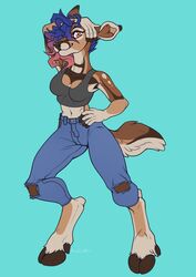  2020 5_fingers absurd_res anthro blue_background blue_hair clothed clothing deer digital_media_(artwork) eyebrows eyelashes female fingers hair hi_res hooves mammal orange_eyes redcreator simple_background smile solo standing 