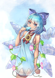  adapted_costume bare_arms bare_shoulders blue_bow blue_dress blue_eyes blue_hair bow breasts cirno commentary_request cowboy_shot dress female flower food hairbow hand_up highres holding holding_food ice ice_wings leaf looking_at_viewer pink_flower plant popsicle red_ribbon ribbon short_hair sleeveless sleeveless_dress small_breasts solo standing sunflower tanned_cirno touhou vines wings yasu_suupatenin 