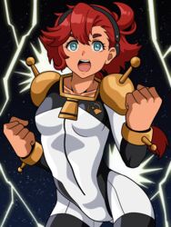  ahoge alternate_costume blue_eyes bodysuit breasts clenched_hands collarbone commentary female g_gundam gundam gundam_suisei_no_majo hairband highres korean_commentary lightning_background long_hair looking_at_viewer low_ponytail medium_breasts mobile_trace_suit open_mouth parody red_hair sky smile solo space spit_(takethestrain) star_(sky) starry_sky suletta_mercury upper_body 