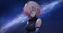  breasts breasts_apart closed_mouth commentary elbow_gloves fate/grand_order fate_(series) female floating_hair gloves hair_over_one_eye looking_at_viewer mash_kyrielight medium_breasts milky_way mitsunari_miyako pink_hair purple_eyes short_hair sideboob sky smile solo star_(sky) starry_sky upper_body 