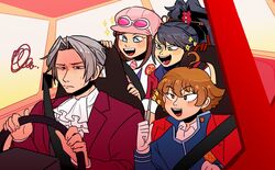  2boys 2girls :d ace_attorney_investigations ace_attorney_investigations_2 ascot black_hair brown_hair car driving ema_skye english_commentary eyewear_on_headwear grey_hair gyakuten_saiban hat ichiyanagi_yumihiko kay_faraday key_hair_ornament miles_edgeworth ministarfruit motor_vehicle multiple_boys multiple_girls open_mouth school_uniform smile sparkle sparkling_eyes squiggle steering_wheel themis_legal_academy_school_uniform 