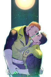  2boys animification bara belt black_bodysuit black_hair bodysuit closed_eyes couple dc_comics full_moon gloves green_bodysuit green_eyes green_lantern green_lantern_(series) green_vest guy_gardner hand_grab hand_on_another&#039;s_back highres holding_hands imminent_kiss jewelry kyle_rayner looking_at_another male_focus moon multiple_boys muscular muscular_male night night_sky orange_hair pectorals pevi ring short_hair sky smile two-tone_bodysuit vest white_belt white_gloves yaoi 