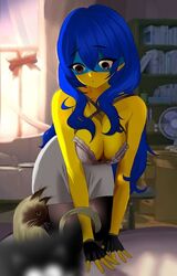  1girls big_breasts blue_hair breasts cat clothing countryhumans countryhumans_girl domestic_cat female long_hair mascot only_female partially_clothed safe sfw ukraine_(countryhumans) yellow_body yellow_skin 