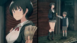  1boy :/ age_difference bag black_footwear black_hair black_jacket black_legwear bob_cut brown_footwear brown_hair close-up collared_shirt commentary_request dress_shirt female full_body garage grey_shorts hair_between_eyes highres holding holding_money jacket kemuri_haku kneehighs loafers long_sleeves looking_at_another looking_at_viewer looking_up money neck_ribbon onee-shota open_mouth original outdoors outstretched_arm overhead_door prostitution purple_eyes rain red_ribbon ribbon school_uniform shirt shoes short_hair shorts shoulder_bag sidewalk socks straight sweater_vest white_shirt white_socks 