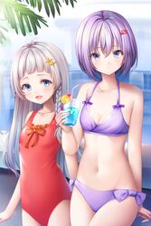  2girls :d a.i._voice ahoge bad_id bad_pixiv_id bare_arms bare_shoulders bendy_straw bikini blue_eyes bow braid breasts casual_one-piece_swimsuit cleavage closed_mouth collarbone commentary cup drink drinking_glass drinking_straw grey_hair hair_between_eyes hair_ornament hairclip holding holding_cup ice ice_cube kizuna_akari kizuna_akari_(tsubomi) long_hair looking_at_viewer multiple_girls murano navel one-piece_swimsuit outdoors purple_bikini purple_bow purple_hair red_one-piece_swimsuit short_hair small_breasts smile swimsuit very_long_hair vocaloid voiceroid water yuzuki_yukari yuzuki_yukari_(shizuku) 