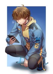  1boy alternate_costume black_choker black_pants blue_background blue_footwear blue_jacket border brown_eyes brown_hair cellphone choker english_commentary hair_over_one_eye holding holding_phone hood hoodie jacket kakikaki looking_at_viewer male_focus new_guy_(kakikaki) olverse original outside_border pants phone shadow shoes smartphone sneakers solo squatting sweatpants white_border yellow_hoodie 