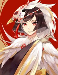  bird_mask brown_hair closed_mouth commentary_request female highres itsumade_(onmyoji) looking_at_viewer mask mask_on_head onmyoji red_eyes short_hair solo tiyi_(tiyi_a09) upper_body winged_arms wings 