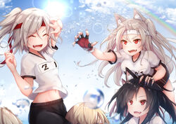  4girls alternate_costume animal_ears azur_lane baileys_(tranquillity650) black_hair black_shorts breasts character_request claw_pose cloud cloudy_sky commentary_request day fangs fingerless_gloves gloves grey_hair hair_between_eyes hand_on_another&#039;s_head headband highres large_breasts light_rays long_hair multiple_girls nail_polish navel open_mouth outdoors outstretched_arm rainbow red_eyes shigure_(azur_lane) shirt short_eyebrows short_sleeves shorts sitting sitting_on_person sky sportswear sun sunbeam sunlight thick_eyebrows v-shaped_eyebrows water_drop white_shirt wolf_ears wolf_girl yuudachi_(azur_lane) z1_leberecht_maass_(azur_lane) 