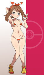  areola_slip arm_behind_head arm_up armpits bad_id bad_pixiv_id bare_arms bare_legs bare_shoulders bikini blush bow_hairband bracelet breasts brown_hair closed_mouth collarbone female full_body gradient_background grey_eyes hair_ribbon hairband half-closed_eyes holding holding_poke_ball jewelry long_hair looking_at_viewer lowleg lowleg_bikini may_(pokemon) micro_bikini navel nt00 photoshop_(medium) pink_background poke_ball poke_ball_(basic) poke_ball_symbol pokemon pokemon_oras red_bikini red_hairband red_ribbon ribbon shoes small_breasts smile solo standing stomach striped swimsuit thigh_gap yellow_footwear 