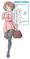  absurdres bag black_pantyhose blush bow briefcase brown_bag brown_eyes brown_hair character_profile collared_shirt commentary_request dress eyelashes female finger_to_mouth full_body hair_bun hair_ornament hairclip hand_up highres holding leg_up long_sleeves necktie no_shoes open_mouth original pantyhose pink_dress plaid plaid_bow plaid_necktie school_briefcase school_uniform shindan_maker shirt single_hair_bun solo tax2rin teeth tongue translated white_shirt 