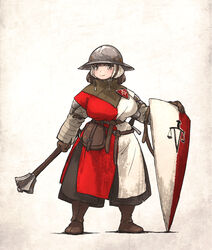  armor balance_scale_print belt blush boots breasts brown_eyes brown_hair chunky_sister_(ironlily) closed_mouth english_commentary female flanged_mace full_body gambeson gloves helmet highres holding holding_mace holding_weapon ironlily kettle_helm kite_shield large_breasts looking_at_viewer mace ordo_mediare_sisters_(ironlily) planted_shield shadow shield solo split_mouth standing surcoat weapon white_background 