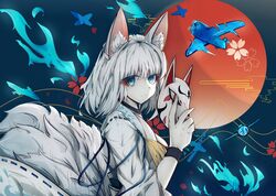  absurdres aircraft airplane animal_ears azur_lane bad_id bad_pixiv_id blue_eyes eyeliner eyeshadow female fox_ears fox_girl fox_mask fox_tail highres holding holding_mask japanese_clothes kaga_(azur_lane) kimono kitsune lulu_(15183338668) makeup mask multiple_tails short_hair solo tail white_hair white_kimono 