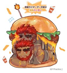  2boys bara beard burger chibi chibi_only commentary dark-skinned_male dark_skin eyebrow_cut facial_hair flaming_eye food hephaestus_(housamo) lowres lying_on_person male_focus mature_male multiple_boys muscular muscular_male one_eye_closed red_eyes short_hair smile symbol-only_commentary talos_(housamo) thick_eyebrows tokyo_afterschool_summoners tora_d translated 