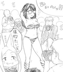  2girls 6+boys :3 animal_ears belly blush breasts camera cone_horns cosplay curvy embarrassed faceless faceless_male fox_ears glasses greyscale highres horns houkago_teibou_nisshi kemonomimi_mode kuroiwa_yuuki large_breasts long_hair lum lum_(cosplay) monochrome multiple_boys multiple_girls nairage navel oni_costume oono_makoto opaque_glasses skindentation sweat taking_picture translated urusei_yatsura 