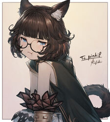  :t animal_ear_fluff animal_ears blue_eyes blunt_bangs border brown_hair cat_ears cat_girl cat_tail commentary commission detached_sleeves female flat_chest freckles frown glasses hood hood_down hoodie ivris looking_to_the_side original pout semi-rimless_eyewear shirt short_hair signature sitting skeb_commission skirt sleeveless sleeveless_hoodie sleeveless_shirt solo squinting tail unhappy 