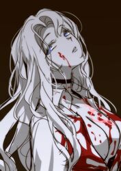  bad_id bad_twitter_id bbunny blood blood_on_breasts blood_on_clothes blue_eyes breasts brown_background choker cleavage collared_shirt female greyscale_with_colored_background head_tilt highres large_breasts limbus_company long_hair looking_at_viewer mole mole_under_eye monochrome open_clothes open_shirt parted_bangs parted_lips project_moon rodion_(project_moon) shirt sidelocks solo spot_color upper_body very_long_hair 