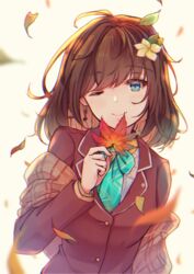  ;) absurdres aqua_bow aqua_bowtie aqua_necktie blazer blouse blue_eyes bow bowtie brown_hair earrings falling_leaves female flower hair_flower hair_ornament hana_macchia hana_macchia_(1st_costume) highres jacket jewelry leaf maple_leaf necktie nijisanji nijisanji_id nishiaita one_eye_closed outdoors plaid plaid_scarf scarf shirt simple_background smile solo virtual_youtuber white_background 