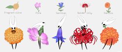  arizuka_(catacombe) black_neckwear black_ribbon blue_flower bow bowtie cloak commentary contrapposto creature dahlia dianthus dress female floral_dress flower flower_dress gentiana_(flower) gold_osmanthus green_cloak grey_background highres hollow_knight hornet_(hollow_knight) looking_at_viewer looking_back looking_to_the_side looking_up multiple_persona neck_ribbon no_humans orange_bow orange_bowtie orange_flower orange_ribbon pink_flower profile red_dress red_flower ribbon short_sleeves simple_background spider_lily standing striped_bow striped_bowtie striped_clothes striped_ribbon vertical_stripes white_ribbon 