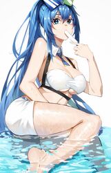  absurdres alternate_costume azur_lane bad_id bad_pixiv_id bare_legs bare_shoulders barefoot bikini blue_eyes blue_hair bra breasts chinese_commentary commentary detached_collar feet female food foot_out_of_frame hair_between_eyes hand_up highres long_hair long_legs looking_at_viewer new_jersey_(azur_lane) popsicle shorts simple_background soles solo soranoki stomach strapless strapless_bikini strapless_bra swimsuit thighs underwear very_long_hair water white_background white_bikini white_shorts 