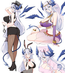  animal_ears armlet asazuki_norito back_cutout bandeau bare_shoulders blue_eyes bow bowtie breasts closed_eyes clothing_cutout commission covered_navel cuffs dancer dragon_girl dragon_horns dragon_tail dragon_wings elbow_gloves fake_animal_ears female fishnets gloves handcuffs harem_outfit hat horns large_breasts long_hair mole mole_under_mouth multiple_views nurse nurse_cap original pantyhose pencil_skirt pixiv_commission pointy_ears police police_hat police_uniform policewoman ponytail rabbit_ears scales short_sleeves single_elbow_glove single_glove skirt smile tail uniform veil white_hair wings 