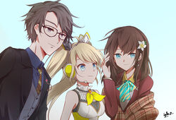  1boy 2girls 3setbbq_(nijisanji) armpits bare_shoulders black_eyes black_hair blazer blonde_hair blue_eyes breasts brown_hair collar dress formal glasses hana_macchia hana_macchia_(1st_costume) headphones highres izha_(seisfleur) jacket multiple_girls necktie nijisanji nijisanji_id petals plaid plaid_scarf scarf smile suit taka_radjiman twintails virtual_youtuber waistcoat yellow_necktie zea_cornelia zea_cornelia_(1st_costume) 