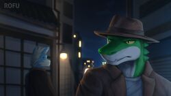  16:9 alligator alligatorid anthro blue_body blue_fur brown_clothing brown_coat brown_hat brown_headwear brown_topwear canid canine canis city clothing coat cregon crocodile crocodilian crocodylid duo fedora fur green_body green_scales hat headgear headwear hi_res light male mammal multicolored_body multicolored_fur multicolored_scales night reptile rofu_kagazaki scales scalie shirt signature topwear two_tone_body two_tone_fur two_tone_scales white_body white_clothing white_fur white_scales white_shirt white_topwear widescreen wolf yellow_sclera 