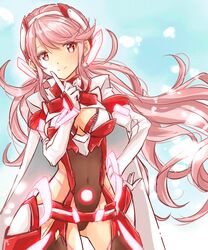  bad_id bad_twitter_id breasts cowboy_shot female finger_to_cheek gloves highres leotard long_hair medium_breasts pink_eyes pink_hair prototype_design pyra_(xenoblade) pyra_(xenoblade)_(prototype) shiroxai smile solo twintails very_long_hair white_gloves xenoblade_chronicles_(series) xenoblade_chronicles_2 