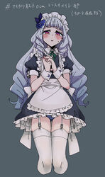  aikatsu!_(series) aikatsu_stars! alternate_costume apron black_dress blue_panties blunt_bangs blush cowboy_shot cropped_legs dress drill_hair embarrassed enmaided female frilled_apron frilled_dress frills from_below garter_straps grey_background grey_hair half-closed_eyes highres long_hair looking_at_viewer maid maid_apron maid_headdress multicolored_eyes orange_eyes own_hands_together panties pantyshot parted_lips photoshop_(medium) pink_eyes pink_lips ponke puffy_short_sleeves puffy_sleeves raised_eyebrows shirogane_lily short_sleeves simple_background solo striped_clothes striped_panties sweatdrop thighhighs translation_request underwear waist_apron white_apron white_thighhighs wrist_cuffs zettai_ryouiki 