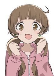  blunt_bangs brown_hair clenched_hand clover_earrings earrings female hands_up highres hood hoodie houkago_saikoro_club jewelry long_hair long_sleeves looking_at_viewer low_twintails open_mouth pettan pink_hoodie smile solo takayashiki_aya twintails upper_body zipper 