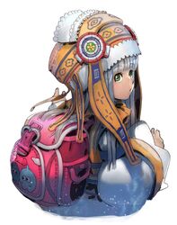  absurdres backpack bag female green_eyes grey_hair hat highres long_hair looking_at_viewer relia_(star_ocean) robe simple_background solo star_ocean star_ocean_integrity_and_faithlessness white_background yasuda_akira 