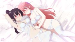  2girls armpits black_hair blush bra breasts keihh large_breasts long_hair looking_at_viewer medium_breasts multiple_girls nakiri_ouka navel on_bed panties pink_hair red_eyes stomach thighhighs tonikaku_kawaii underwear underwear_only white_bra white_panties white_thighhighs yuri yuzaki_tsukasa 