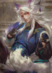  1boy animal_ears black_gloves closed_mouth commentary_request facial_mark fox_ears fox_tail gloves hand_fan hangleing holding holding_fan japanese_clothes long_hair long_sleeves looking_at_viewer makeup male_focus multiple_tails nail_polish onmyoji red_nails solo tail white_hair youko_(onmyoji) 