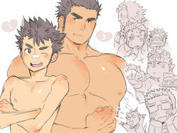  6+boys alternate_skin_color bandaid bandaid_on_face bandaid_on_nose bara blush claude_(housamo) completely_nude dark-skinned_male dark_skin flexing furry furry_male glasses horkeu_kamui kijima_hyogo large_pectorals long_sideburns male_focus male_harem motoori_shiro multiple_boys muscular muscular_male nipples nomad_(housamo) nude pectorals pose protagonist_1_(housamo) protagonist_3_(housamo) salomon_(housamo) short_hair sideburns skinny smile snow_(housamo) spiked_hair stomach thick_eyebrows tokyo_afterschool_summoners yaoi 