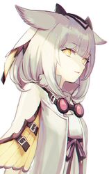  arknights bow commentary_request feather_hair female goggles goggles_around_neck highres orange_eyes owl_ears owl_girl parted_lips pointy_hair ptilopsis_(arknights) ribbon solo white_background white_hair yuhiko_(unayuhi) 