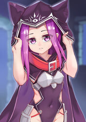  armor arms_up black_cape black_capelet black_leotard breastplate cape capelet collar covered_navel fate/grand_order fate_(series) female hood hood_grab leotard long_hair medusa_(fate) medusa_(lancer)_(fate) purple_eyes purple_hair solo wujiemang 