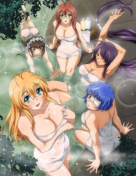  5girls :d absurdly_long_hair antenna_hair arm_behind_head arm_up armpits bare_arms bare_legs blonde_hair blue_hair bow breasts brown_eyes brown_hair cleavage closed_mouth collarbone covered_navel eyepatch floating_hair green_eyes grey_eyes hair_bobbles hair_ornament hair_ribbon hairbow ikkitousen kan&#039;u_unchou large_breasts lens_flare long_hair looking_at_viewer looking_up multiple_girls naked_towel oerba_yun_fang open_mouth outdoors purple_hair ribbon ryomou_shimei ryuubi_gentoku smile sonsaku_hakufu sparkle ten&#039;i_(ikkitousen) towel very_long_hair white_bow white_ribbon 