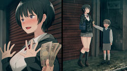  1boy age_difference bag black_footwear black_hair black_jacket black_legwear blush bob_cut brown_footwear brown_hair close-up collared_shirt commentary_request dress_shirt embarrassed female full_body garage grey_shorts hair_between_eyes hands_up highres holding holding_money jacket kemuri_haku kneehighs loafers long_sleeves looking_at_another looking_at_viewer looking_away looking_up money neck_ribbon onee-shota open_mouth original outdoors outstretched_arm overhead_door prostitution purple_eyes rain red_ribbon ribbon school_uniform shirt shoes short_hair shorts shoulder_bag sidewalk sleeves_past_wrists socks straight sweater_vest white_shirt white_socks 