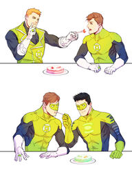  &gt;_o 3boys animification bara black_bodysuit black_hair bodysuit brown_eyes brown_hair cake closed_mouth dc_comics domino_mask eating feeding food fork gloves green_bodysuit green_eyes green_lantern green_lantern_(series) green_vest guy_gardner hal_jordan hand_on_own_face highres holding holding_fork incoming_food jewelry kyle_rayner looking_at_another male_focus mask multiple_boys muscular muscular_male one_eye_closed open_mouth orange_hair pectorals pevi ring short_hair simple_background smile two-tone_bodysuit vest white_gloves 