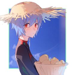  :| ayanami_rei basket black_bodysuit blue_hair blue_sky blush bodysuit border breasts closed_mouth cloud evangelion:_3.0+1.0_thrice_upon_a_time expressionless female from_side hair_between_eyes hat highres holding holding_basket looking_at_viewer neon_genesis_evangelion nyansky outside_border pilot_suit plugsuit potato rebuild_of_evangelion red_eyes short_hair sidelocks sky small_breasts solo straw_hat sweat white_border wicker_basket 