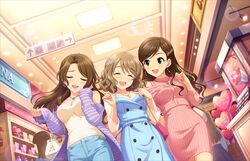  3girls :3 ^_^ arrow_(symbol) artist_request bag blush breasts brown_hair closed_eyes earrings etou_misaki_(idolmaster) facing_viewer flower girl_sandwich girls&#039;_power_(idolmaster) hair_flower hair_ornament handbag idolmaster idolmaster_cinderella_girls idolmaster_cinderella_girls_starlight_stage indoors jewelry kishibe_ayaka large_breasts long_hair looking_at_another mall messy_hair mother&#039;s_day multiple_girls necklace official_art open_mouth sandwiched short_hair sleeves_past_wrists smile tsukimiya_miyabi wavy_hair 