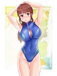  arms_behind_head blue_one-piece_swimsuit breasts brown_eyes brown_hair cleavage cleavage_cutout clothing_cutout commentary_request competition_swimsuit cowboy_shot female front_zipper_swimsuit highres large_breasts long_hair looking_at_viewer mashinatsu meme_attire one-piece_swimsuit original ponytail solo standing swimsuit thigh_gap 