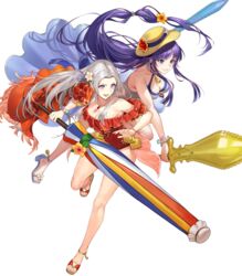  2girls altina_(fire_emblem) altina_(summer)_(fire_emblem) bare_shoulders beach_umbrella blue_eyes blue_hair bracelet breasts capelet casual_one-piece_swimsuit cleavage closed_umbrella dual_wielding edelgard_von_hresvelg edelgard_von_hresvelg_(summer) feet fire_emblem fire_emblem:_radiant_dawn fire_emblem:_three_houses fire_emblem_heroes flower gold_trim grey_hair hair_flower hair_ornament halterneck hat hibiscus high_heels highres holding holding_umbrella inflatable_sword inflatable_toy jewelry kakage leg_up legs long_hair looking_away low-tied_long_hair medium_breasts multiple_girls necklace non-web_source official_art one-piece_swimsuit open_mouth orange_flower parted_bangs parted_lips purple_eyes red_flower red_one-piece_swimsuit sandals sarong see-through shiny_skin smile strappy_heels swimsuit thighs toes transparent_background umbrella umbrella_flower very_long_hair white_flower 