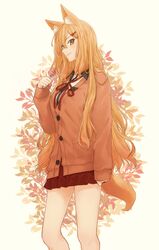  animal_ears autumn_leaves candy cardigan commentary_request fate/extra fate/extra_ccc fate/extra_ccc_fox_tail fate_(series) female food fox_ears fox_tail highres lollipop long_hair orange_hair pleated_skirt purutera school_uniform skirt smile solo suzuka_gozen_(fate) tail 