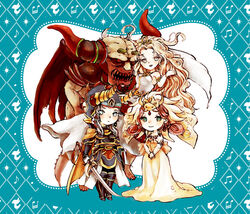  2boys 2girls armor blonde_hair carrying chaos_(dff) chaos_(ff1) chibi commentary_request cosmos_(dff) dress fangs final_fantasy final_fantasy_i helmet horns long_hair monster multiple_boys multiple_girls nina_(&amp;_lucie) own_hands_together pink_hair princess_carry sarah_(ff1) smile standing sword theatrhythm_final_fantasy warrior_of_light_(ff1) wavy_hair weapon white_hair wings 